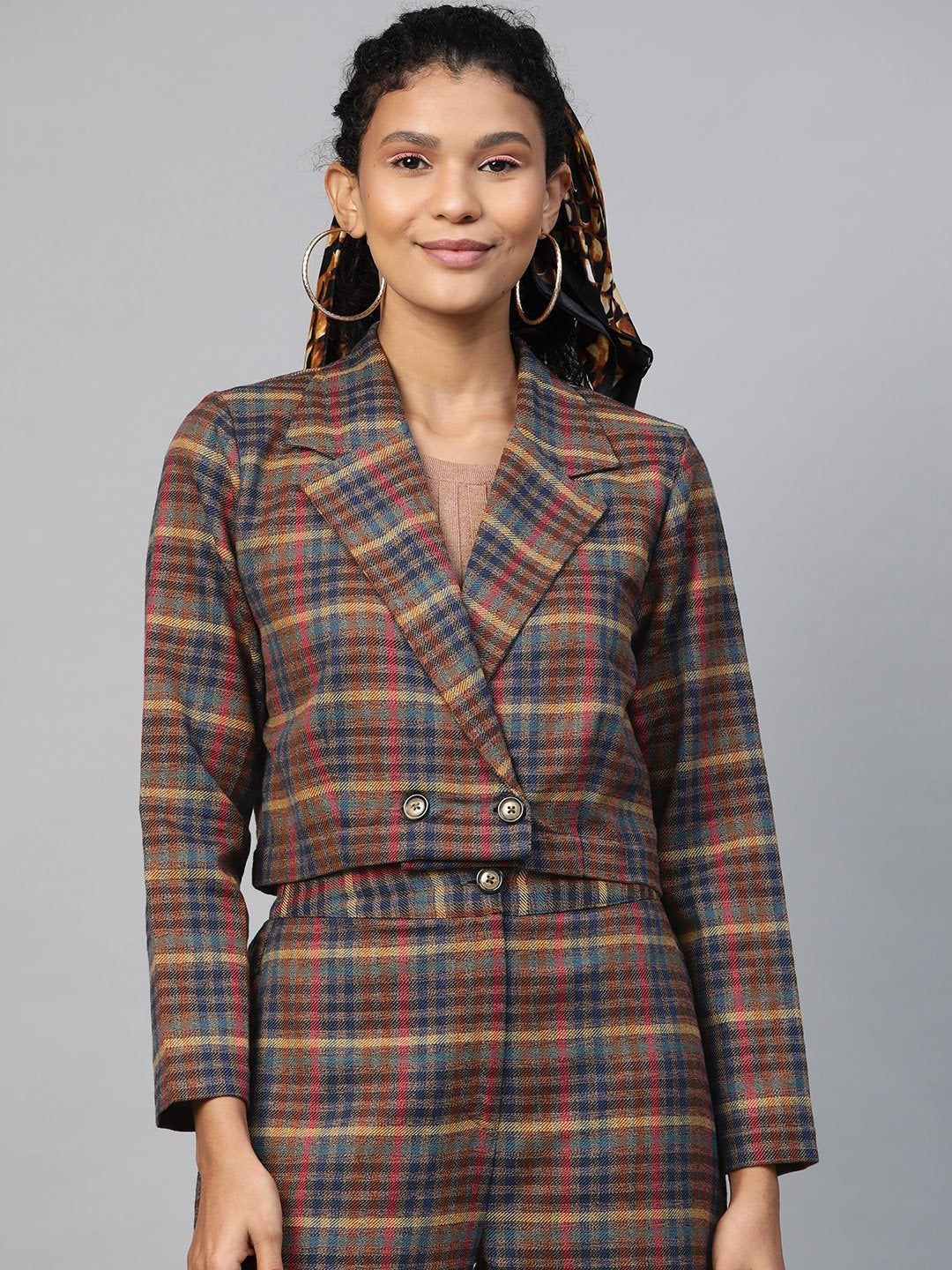 Women's Multicolor Jacquard Check Crop Blazer