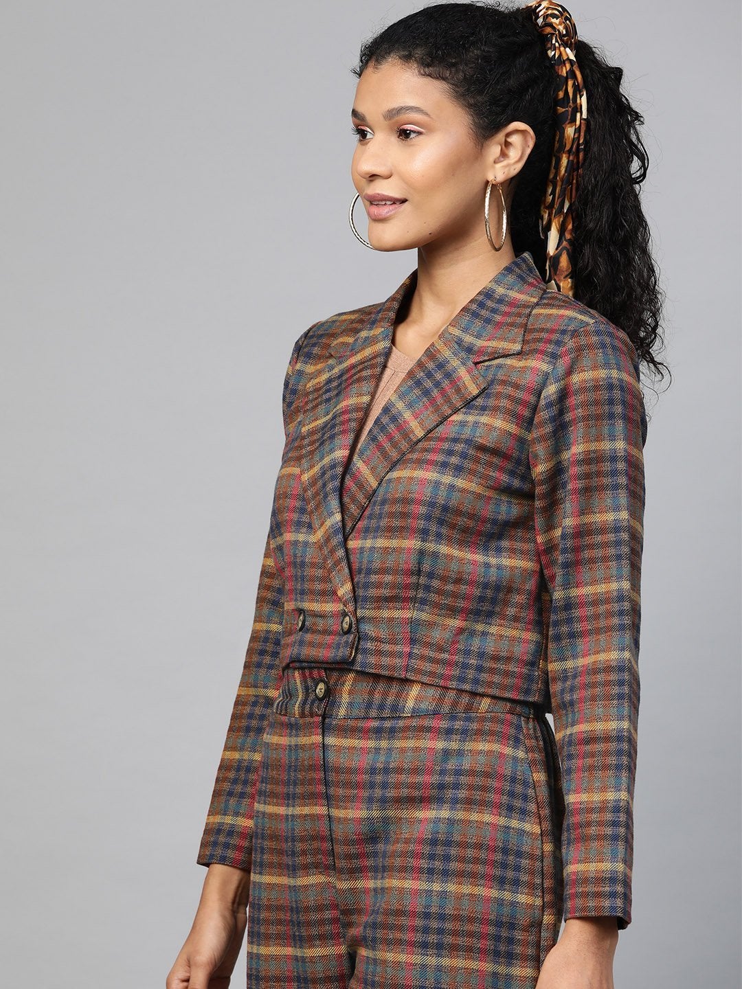 Women's Multicolor Jacquard Check Crop Blazer