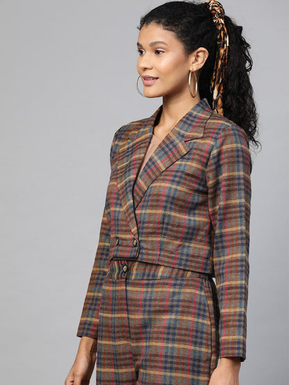 Women's Multicolor Jacquard Check Crop Blazer