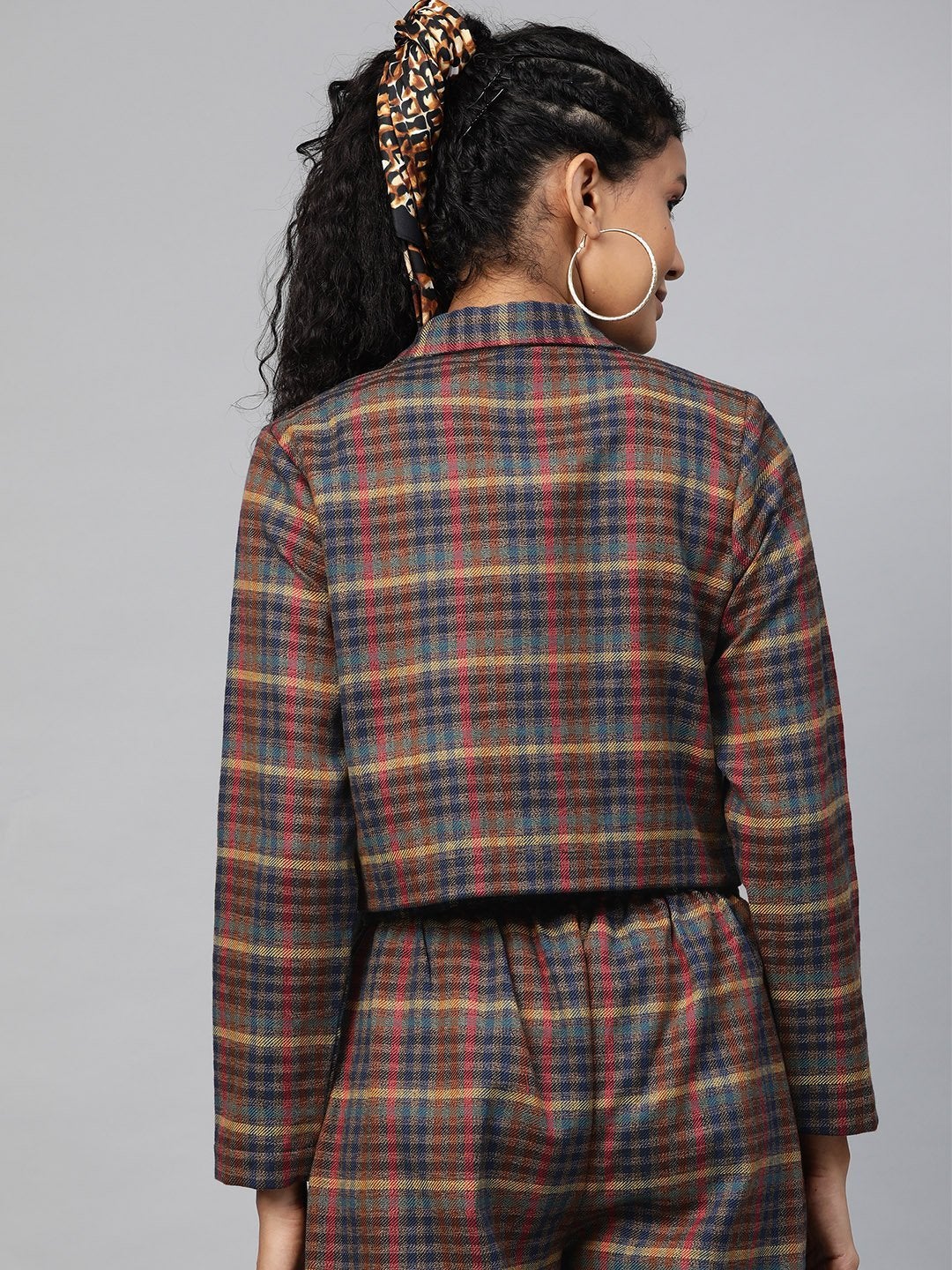 Women's Multicolor Jacquard Check Crop Blazer