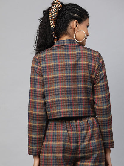 Women's Multicolor Jacquard Check Crop Blazer