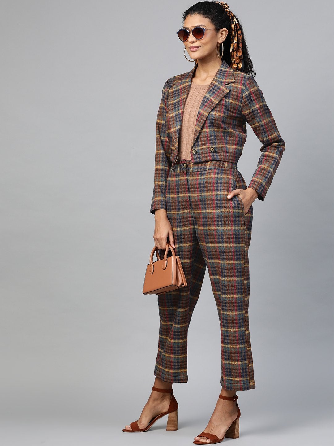 Women's Multicolor Jacquard Check Crop Blazer