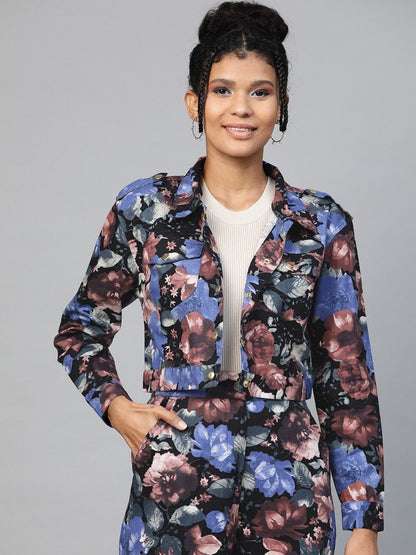 Women's Blue Floral Crop Twill Jacket