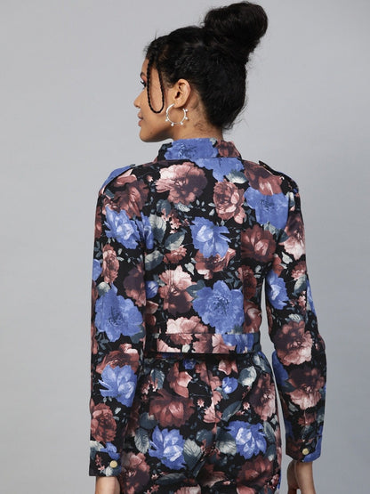 Women's Blue Floral Crop Twill Jacket