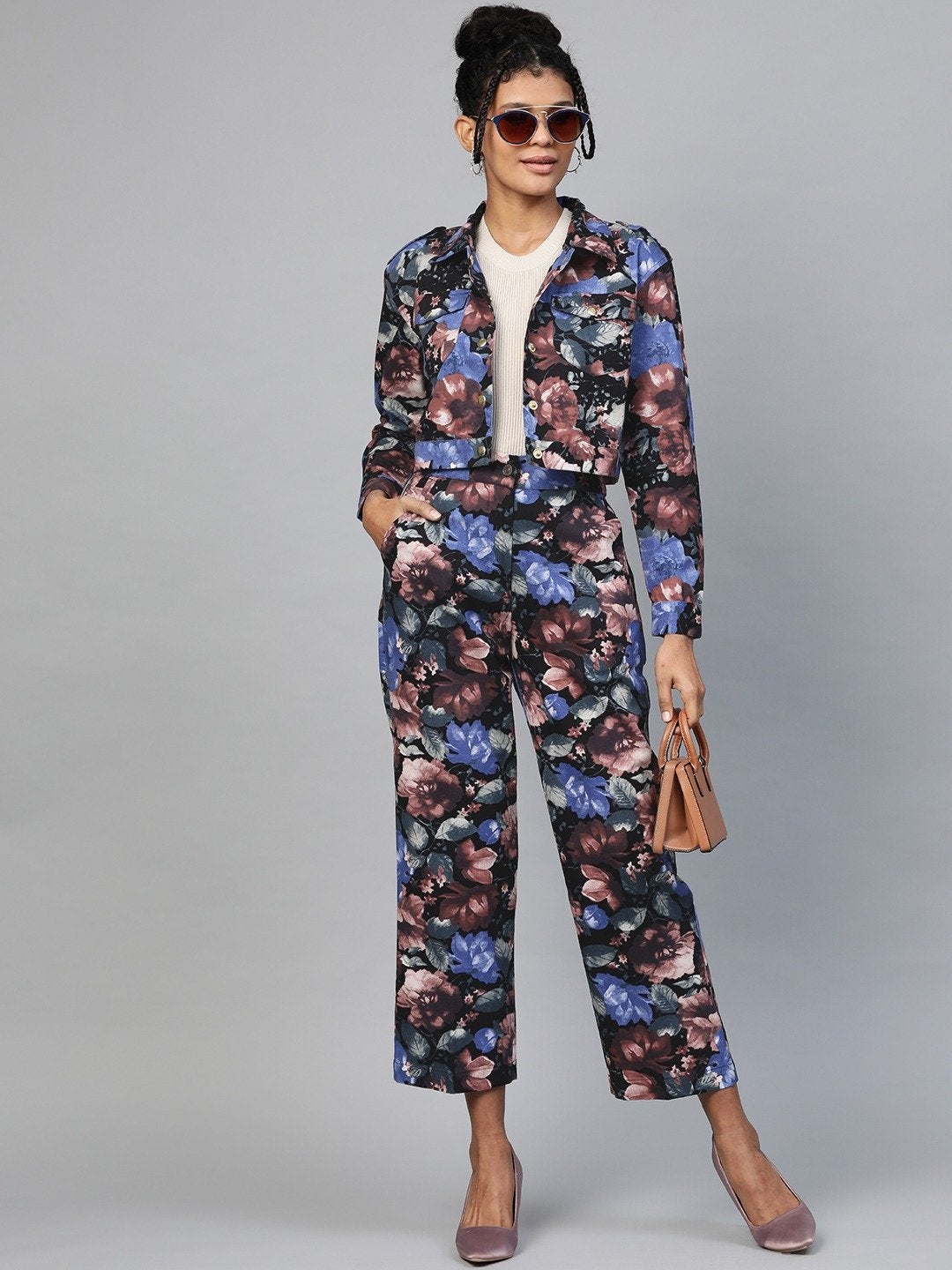 Women's Blue Floral Crop Twill Jacket