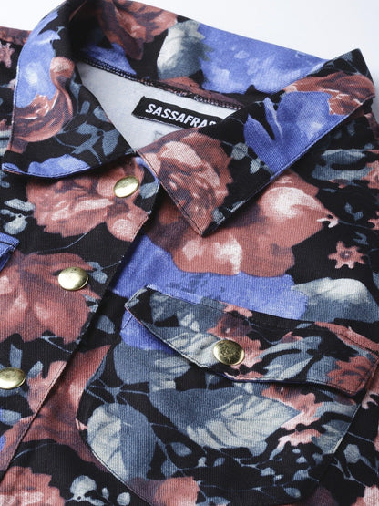 Women's Blue Floral Crop Twill Jacket