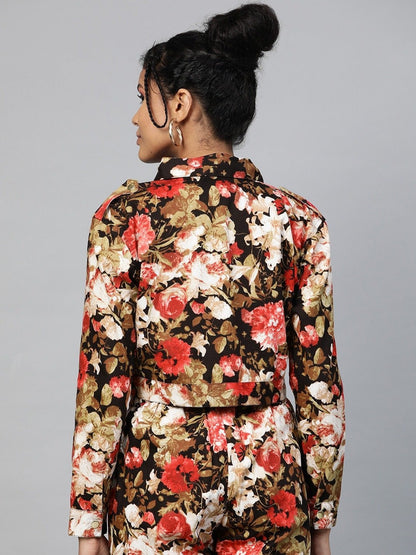 Women's Red Floral Crop Twill Jacket