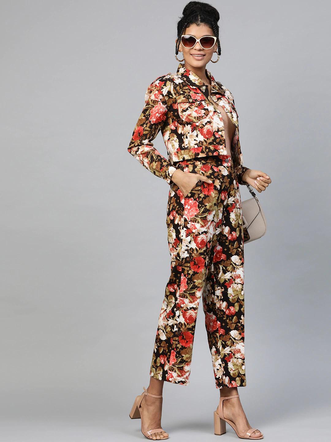 Women's Red Floral Crop Twill Jacket