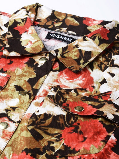 Women's Red Floral Crop Twill Jacket