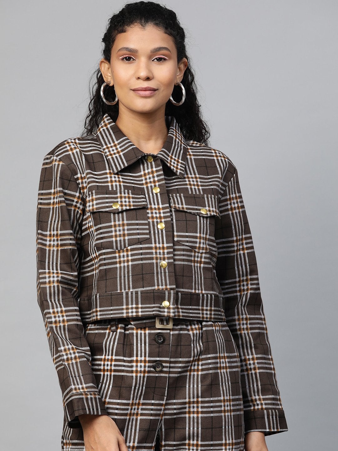 Women's Brown Check Crop Twill Jacket