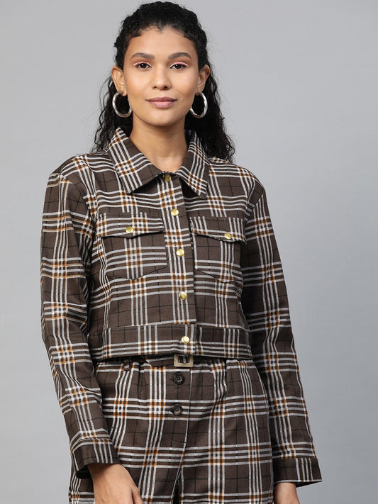 Women's Brown Check Crop Twill Jacket