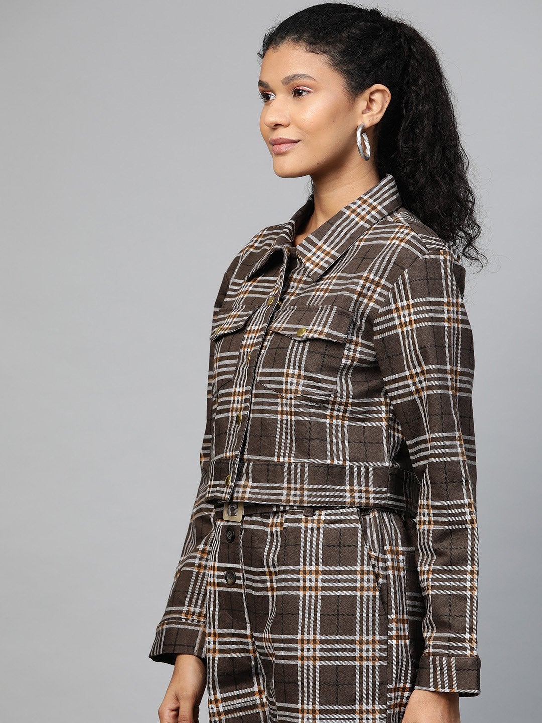 Women's Brown Check Crop Twill Jacket