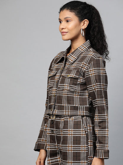 Women's Brown Check Crop Twill Jacket