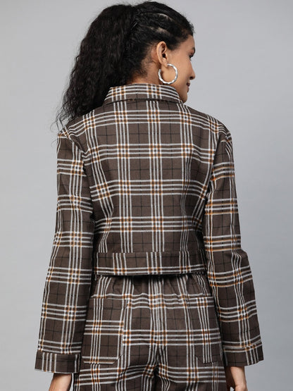 Women's Brown Check Crop Twill Jacket
