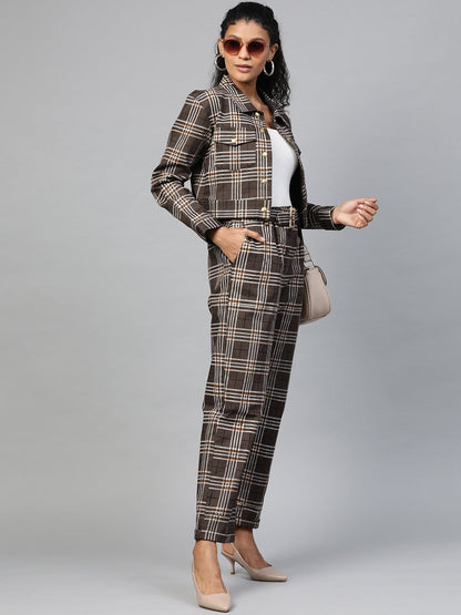 Women's Brown Check Crop Twill Jacket