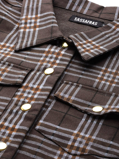 Women's Brown Check Crop Twill Jacket