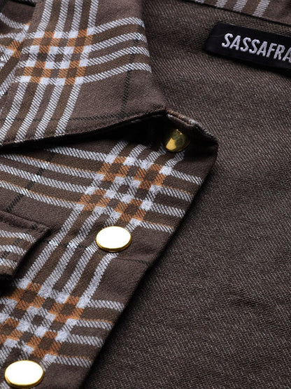 Women's Brown Check Crop Twill Jacket
