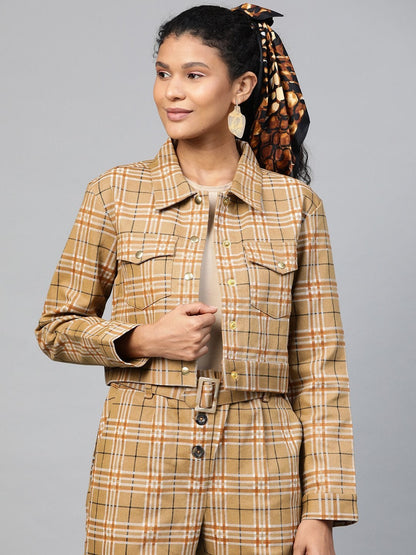 Women's Beige Check Crop Twill Jacket