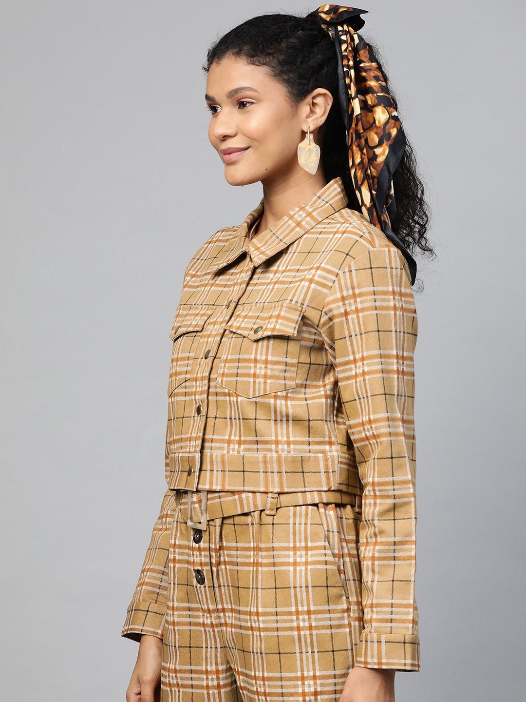 Women's Beige Check Crop Twill Jacket
