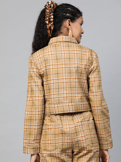 Women's Beige Check Crop Twill Jacket