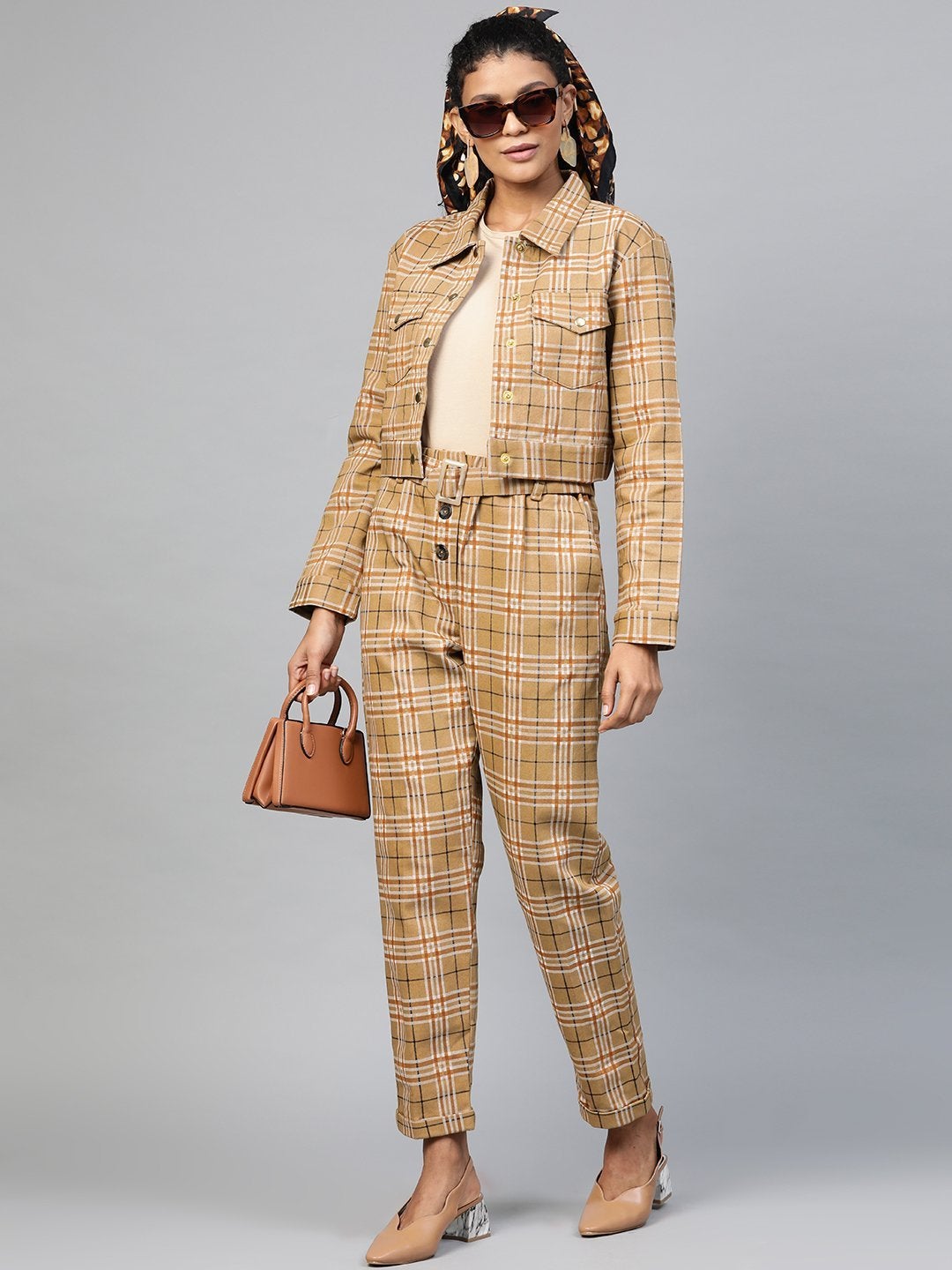 Women's Beige Check Crop Twill Jacket