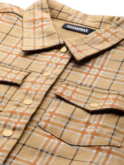 Women's Beige Check Crop Twill Jacket