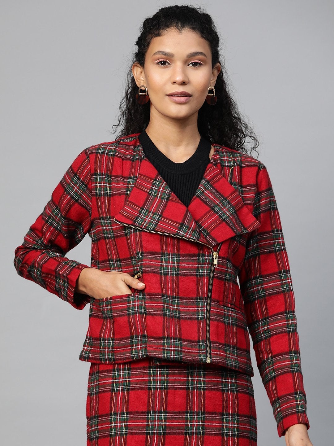 Women's Red Check Biker Jacket