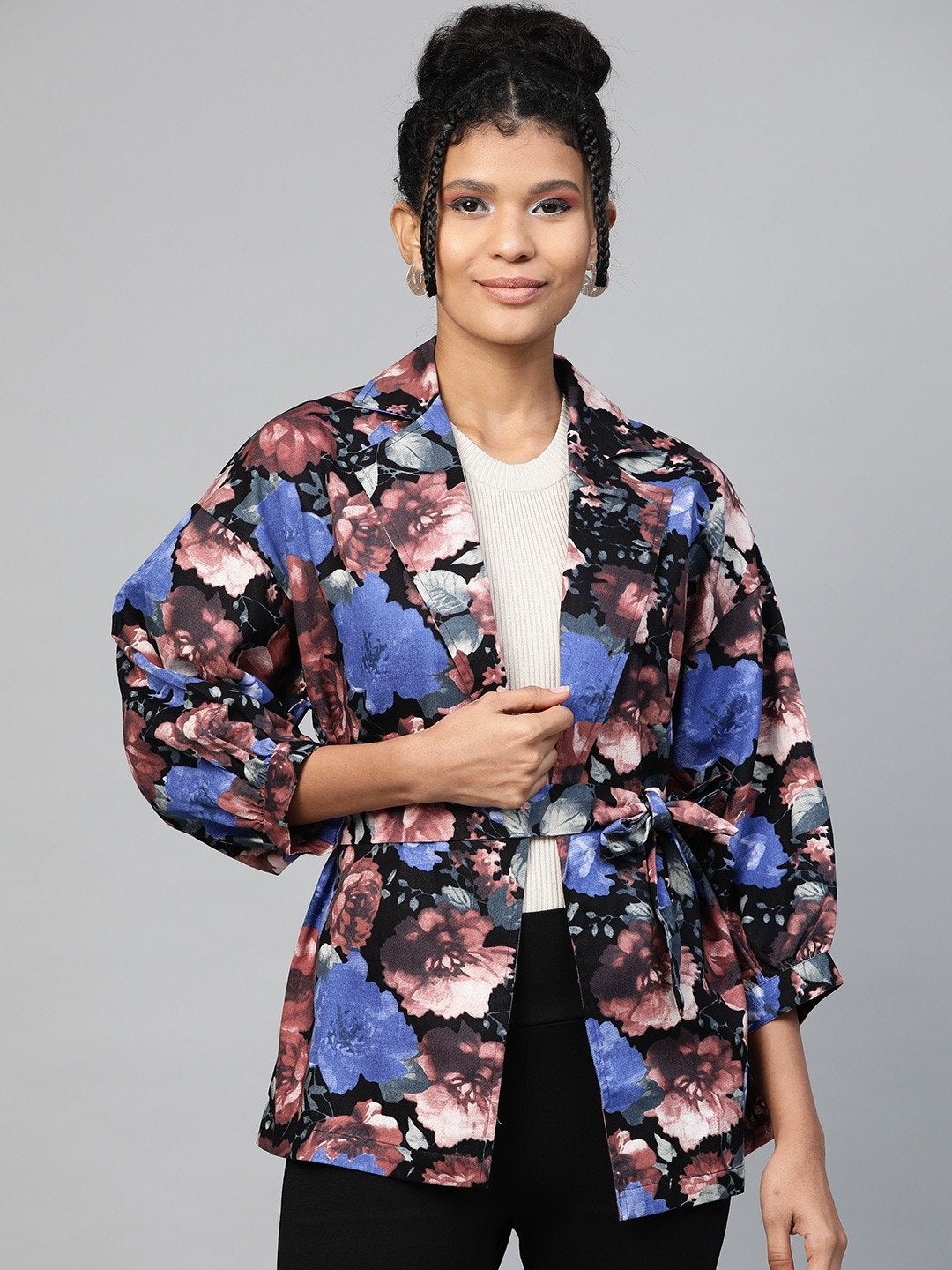 Women's Blue Floral Balloon Belted Twill Jacket
