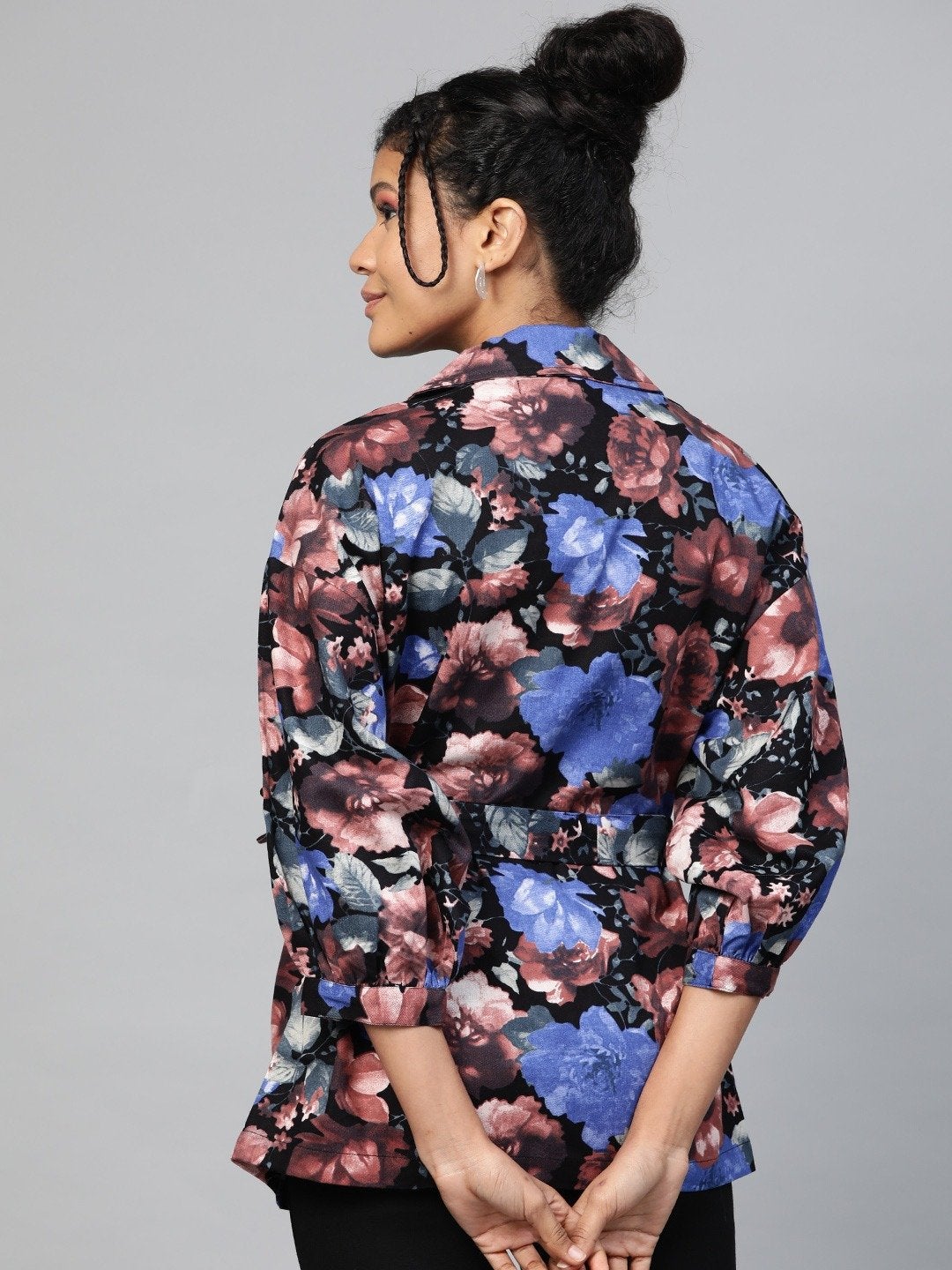 Women's Blue Floral Balloon Belted Twill Jacket