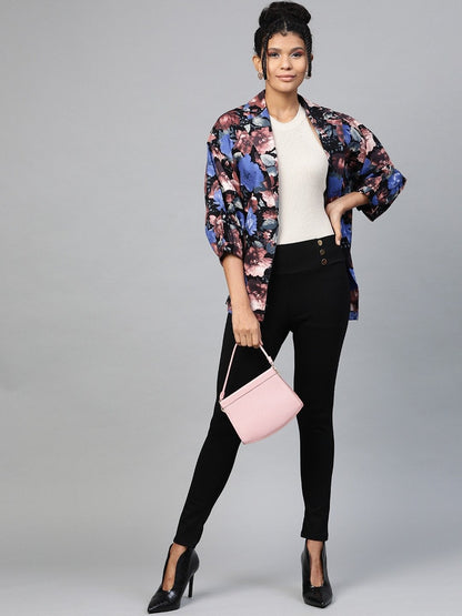 Women's Blue Floral Balloon Belted Twill Jacket