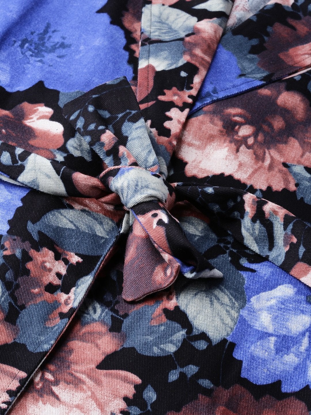 Women's Blue Floral Balloon Belted Twill Jacket