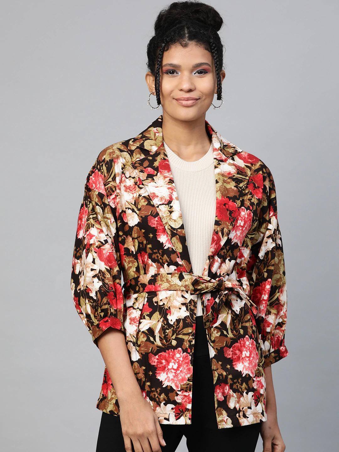Women's Red Floral Balloon Belted Twill Jacket