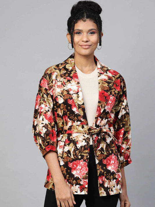 Women's Red Floral Balloon Belted Twill Jacket