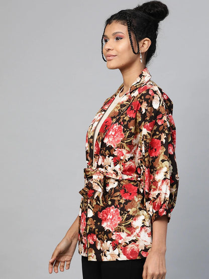 Women's Red Floral Balloon Belted Twill Jacket