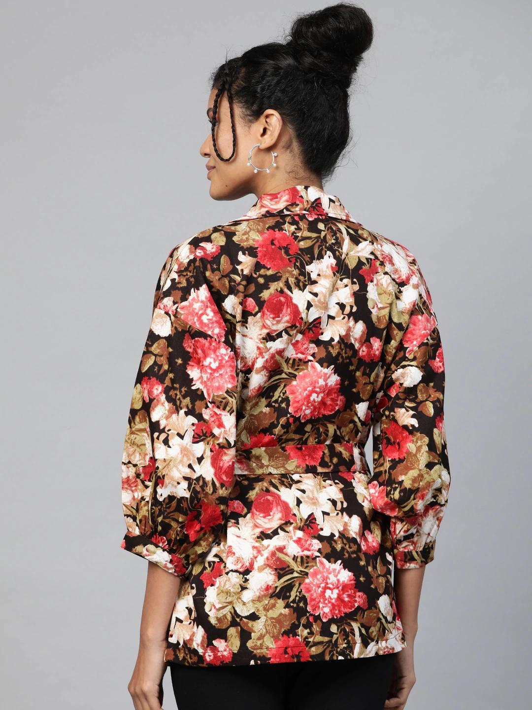 Women's Red Floral Balloon Belted Twill Jacket