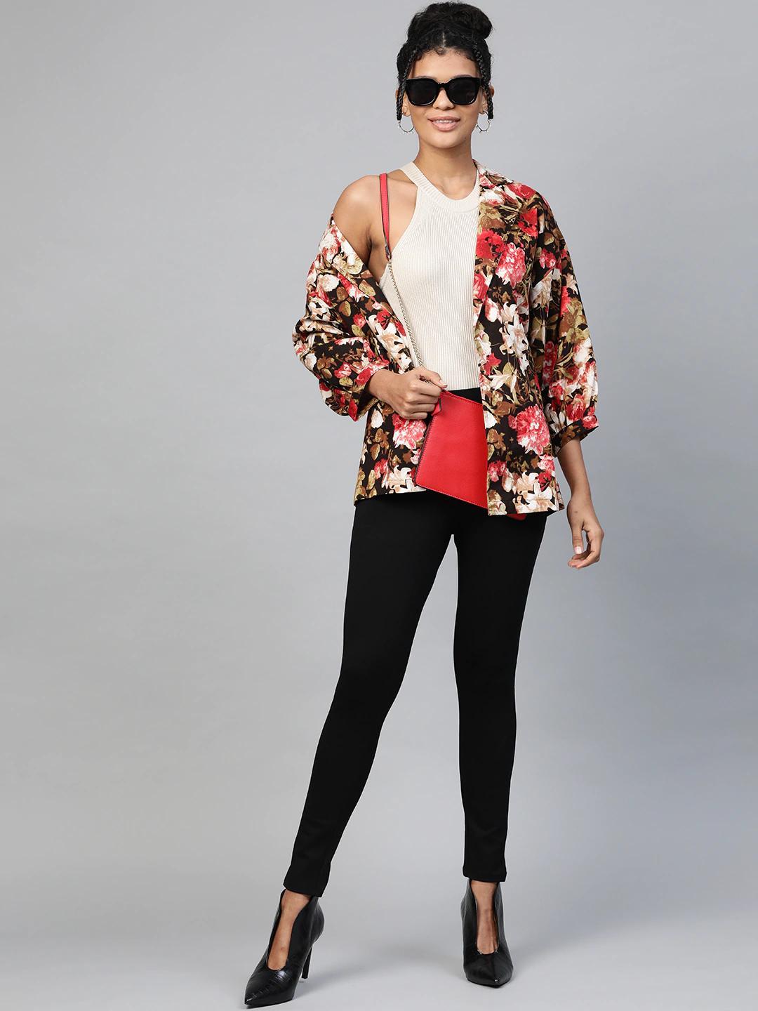 Women's Red Floral Balloon Belted Twill Jacket