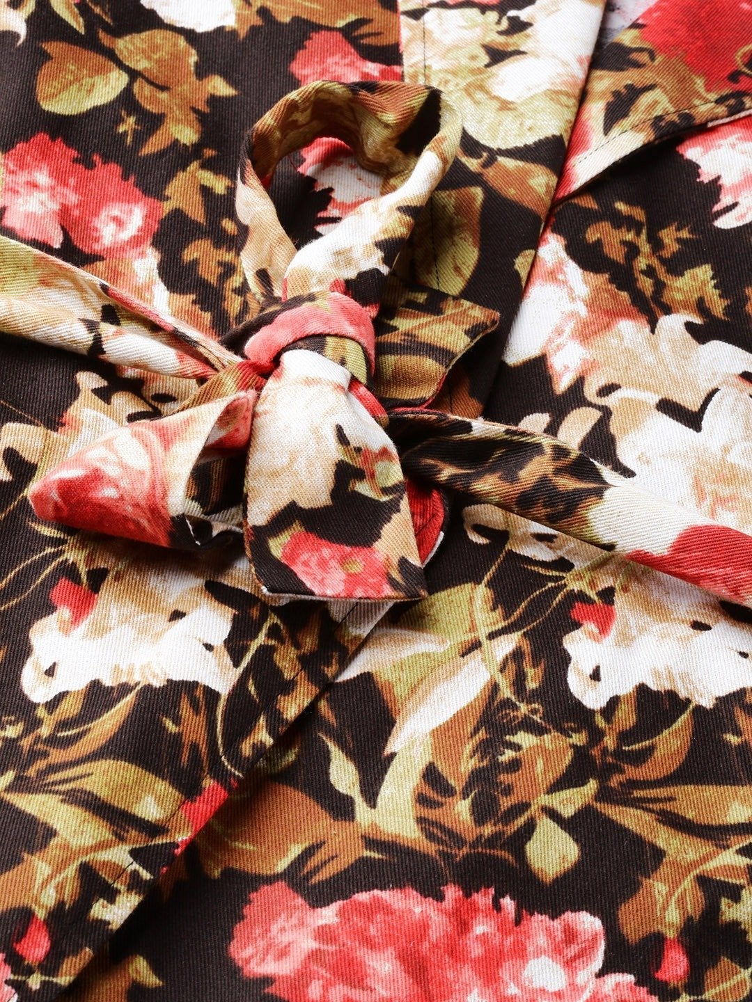 Women's Red Floral Balloon Belted Twill Jacket