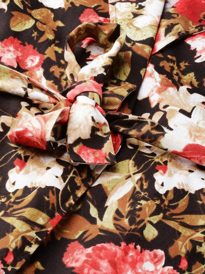 Women's Red Floral Balloon Belted Twill Jacket
