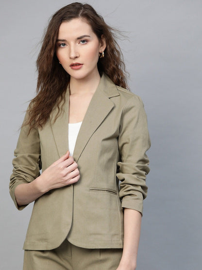 Women's Beige Twill Single Button Classic Blazer