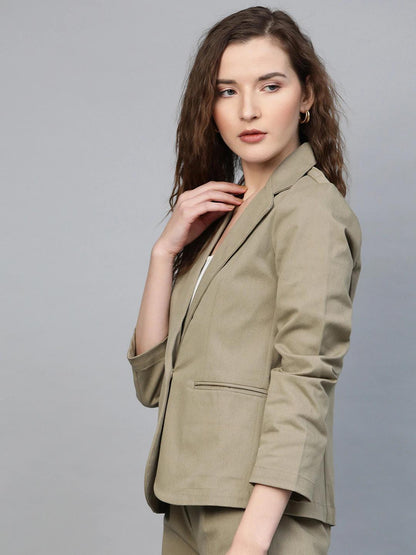 Women's Beige Twill Single Button Classic Blazer