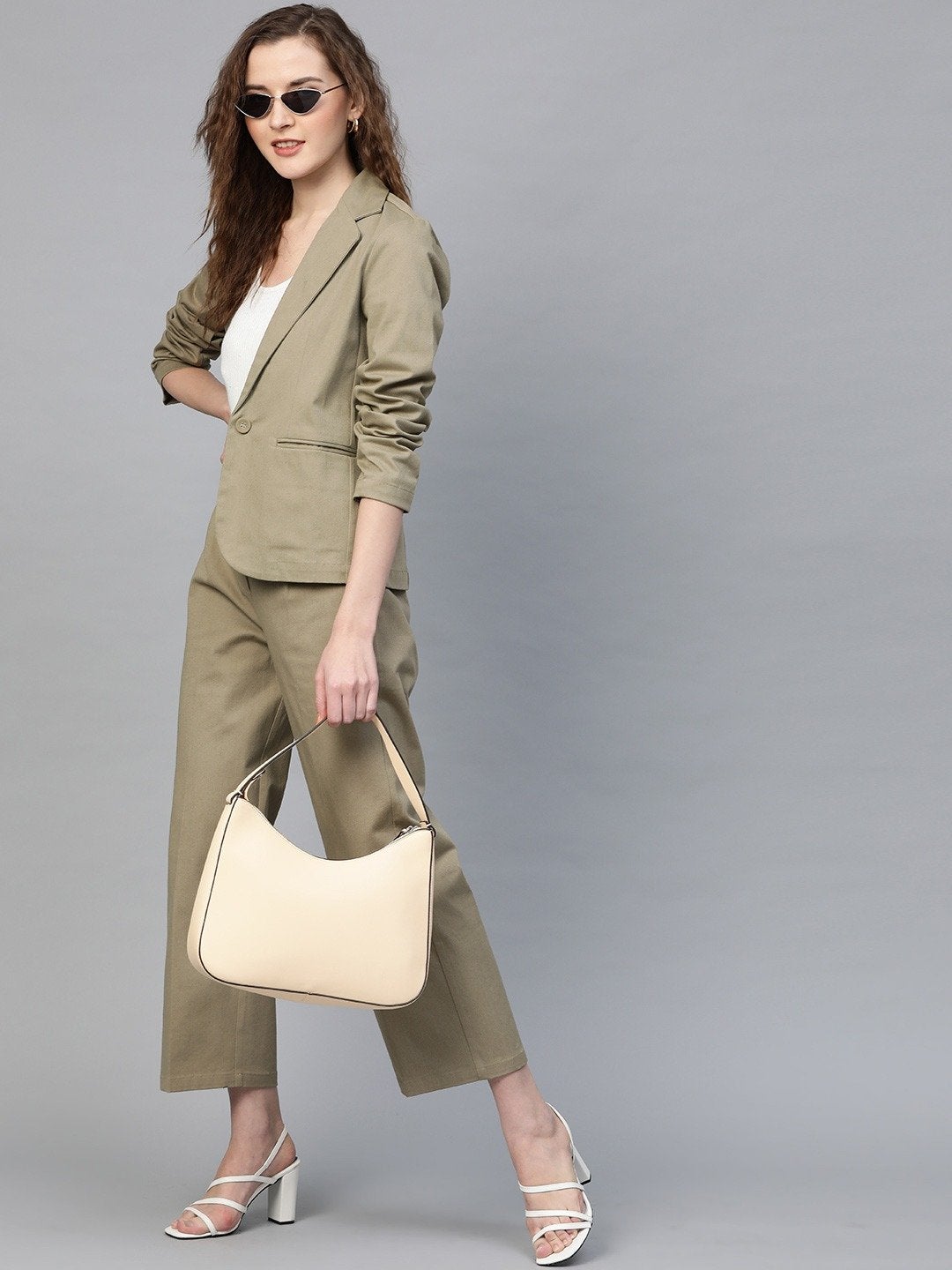 Women's Beige Twill Single Button Classic Blazer