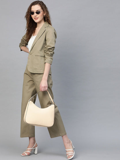 Women's Beige Twill Single Button Classic Blazer