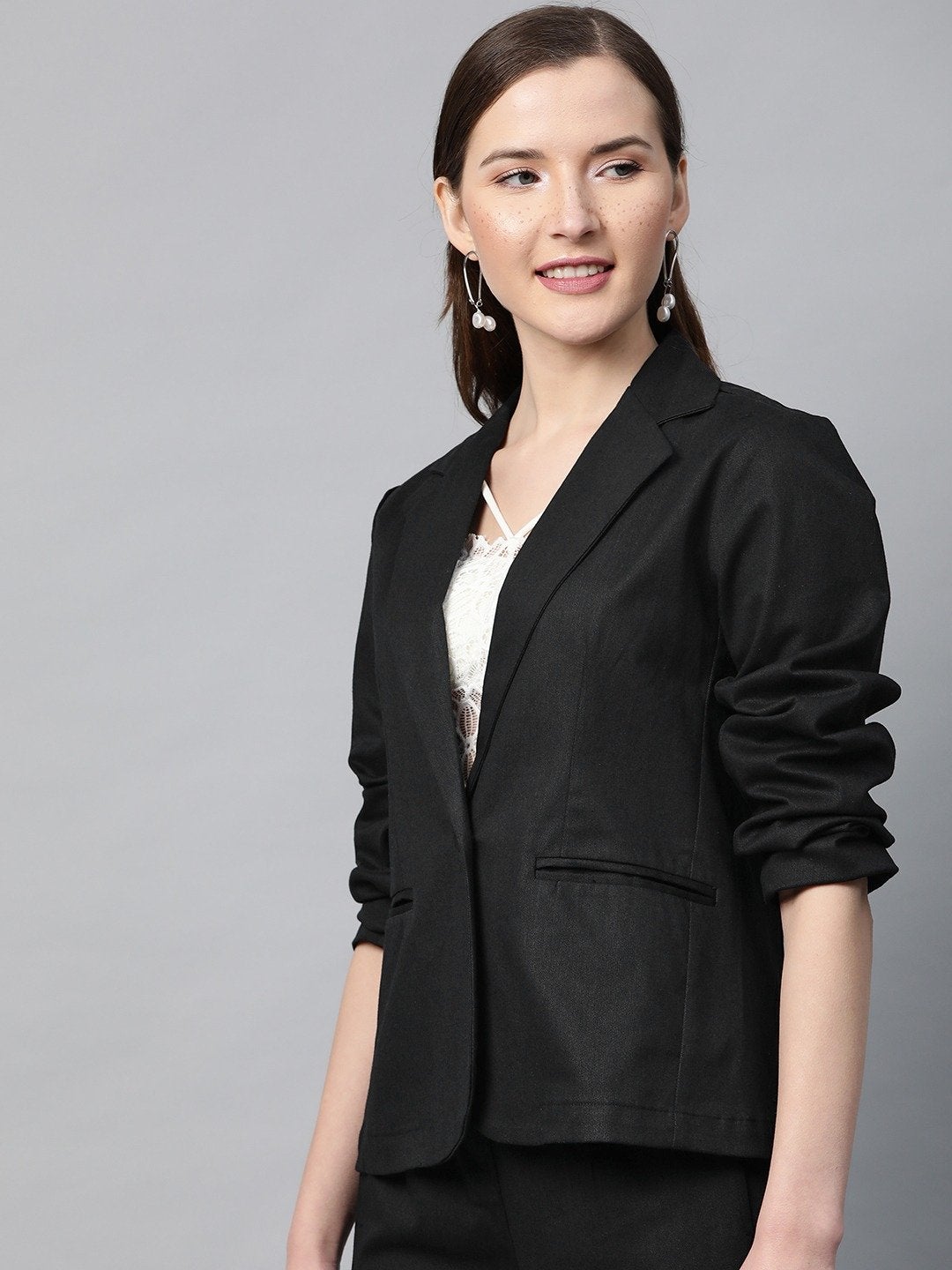 Women's Black Twill Single Button Classic Blazer