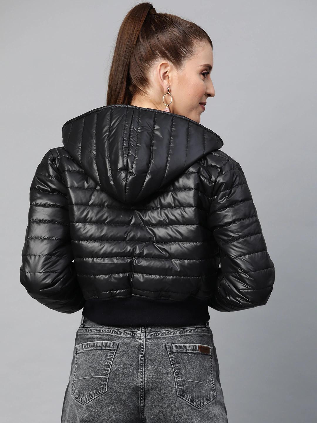 Women's Black Hooded Crop Bomber Puffer Jacket