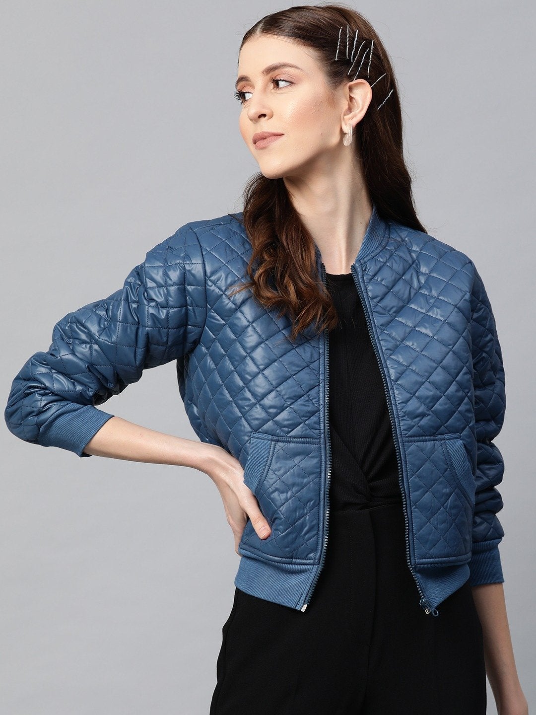 Women's Teal Quilted Bomber Jacket