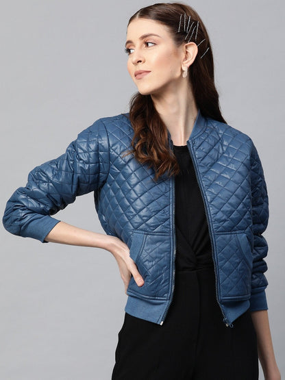 Women's Teal Quilted Bomber Jacket