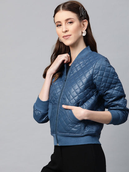 Women's Teal Quilted Bomber Jacket