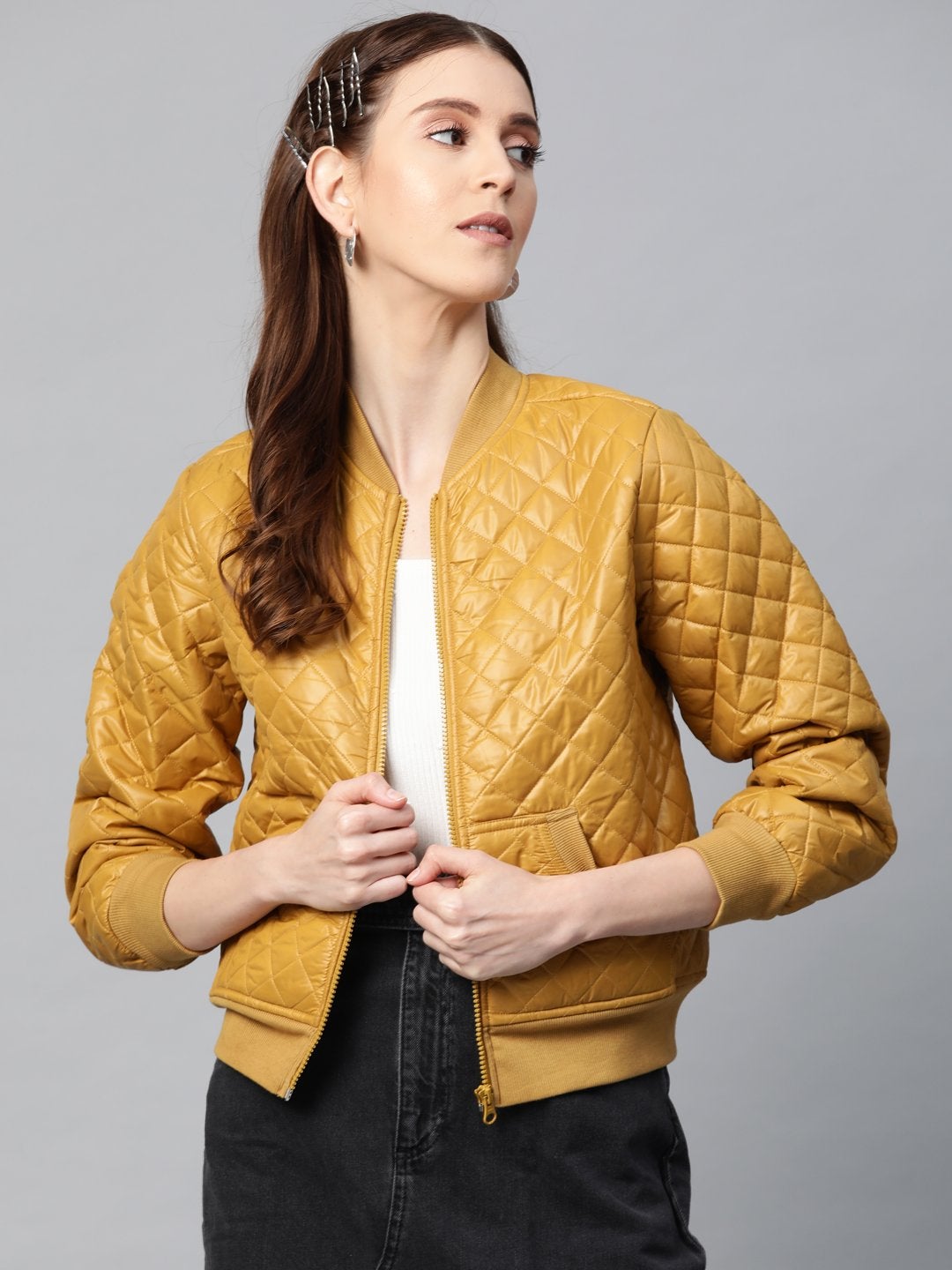 Women's Mustard Quilted Bomber Jacket