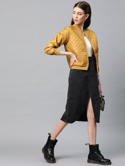 Women's Mustard Quilted Bomber Jacket