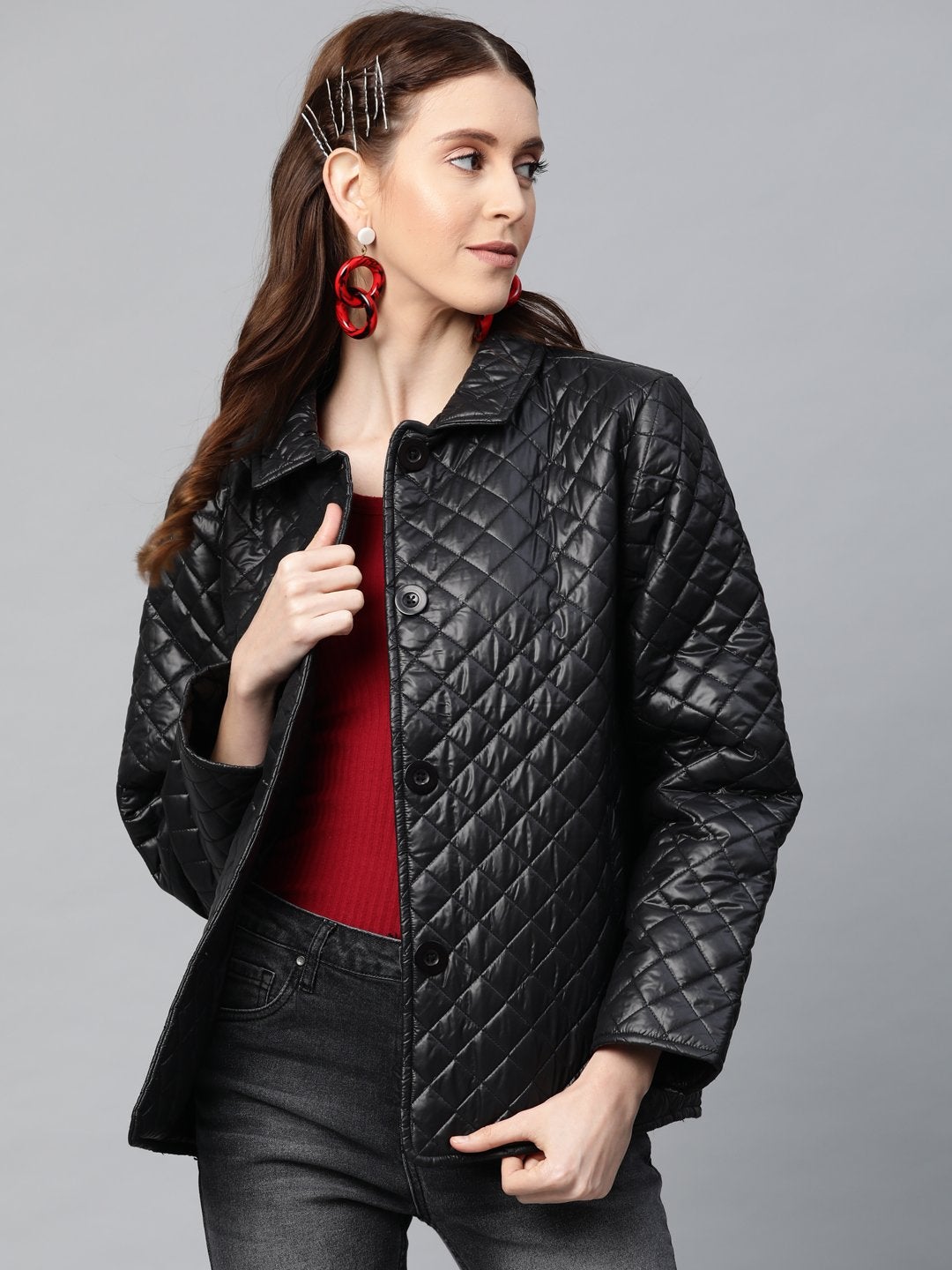 Women's Black Collared Quilted Puffer Jacket